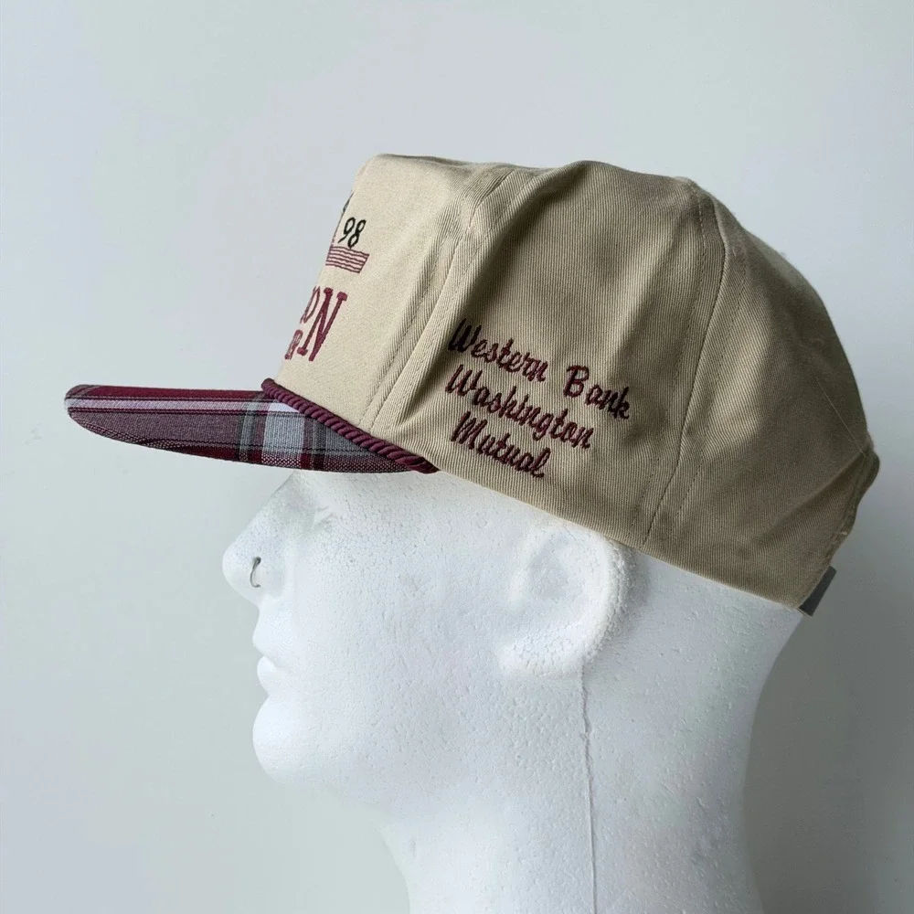 Vintage 1998 Jackson County Fair Snapback Trucker Hat Tan Plaid Made in USA 90s